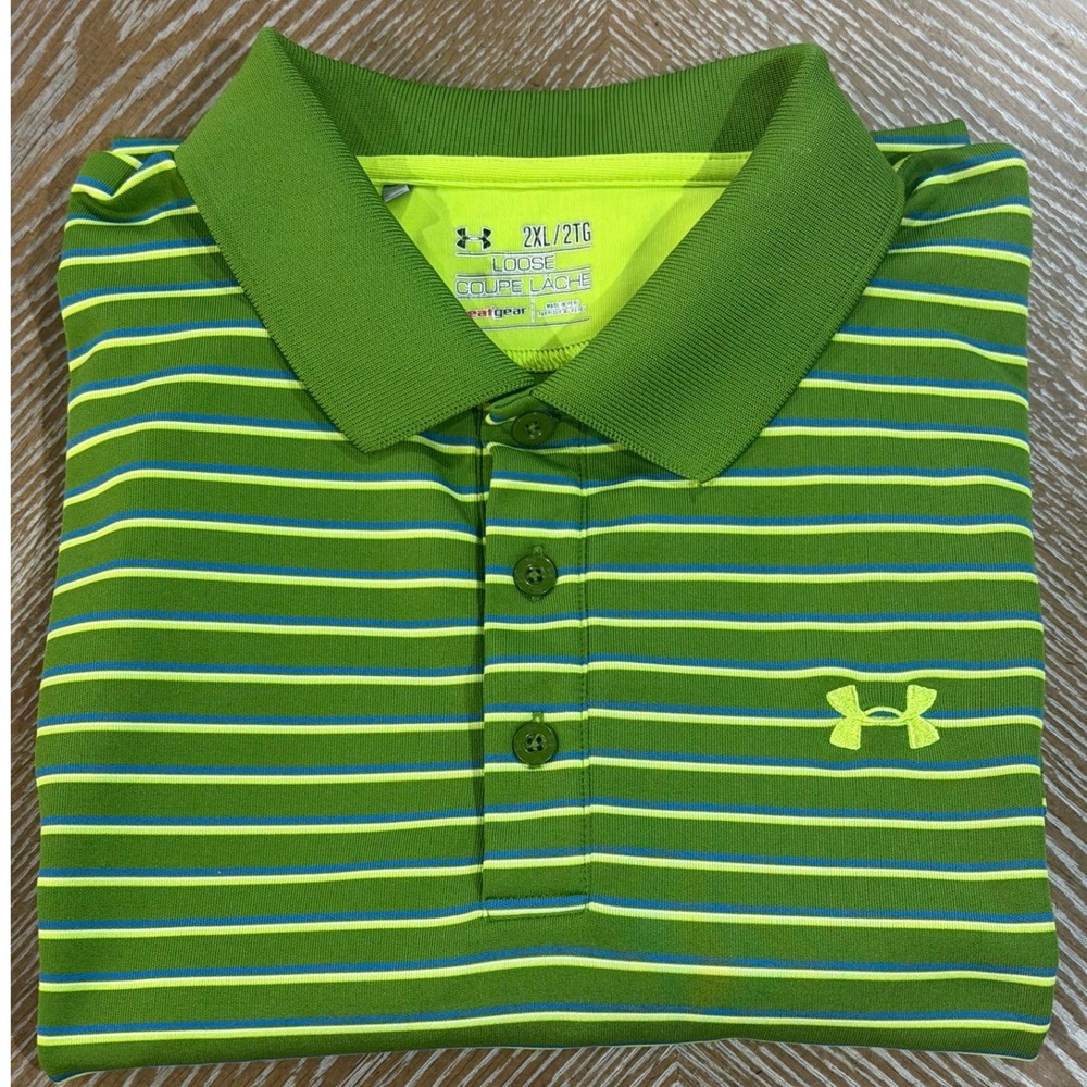 Under Armour Mens 2XL Green Striped HeatGear Loose Fit Golf Polo Shirt - Picture 6 of 6
